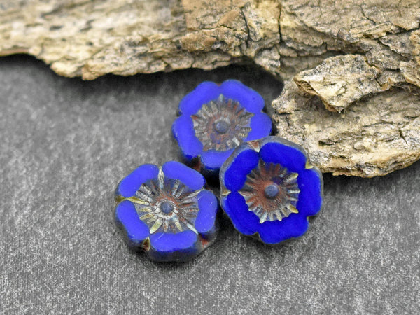 Czech Glass Beads - Hawaiian Flower Beads - Hibiscus Beads - Blue Flower Beads - 12pcs - 12mm - (1689)
