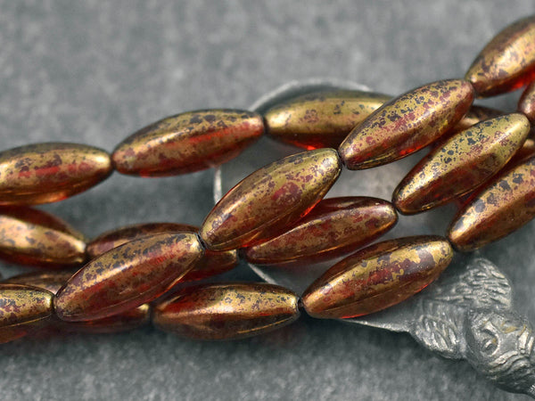Picasso Beads - Czech Glass Beads - Red Beads - Wedged Oval - 10pcs - 19x7mm - (2230)
