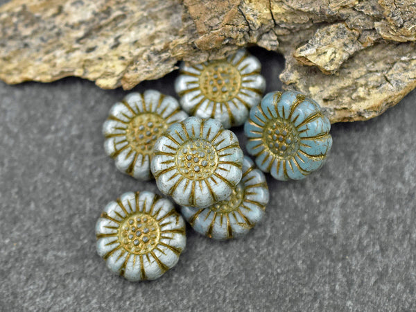 Flower Beads - Sunflower Beads - Czech Glass Beads - Picasso Beads - Coin Beads - 13mm - 12pcs (321)
