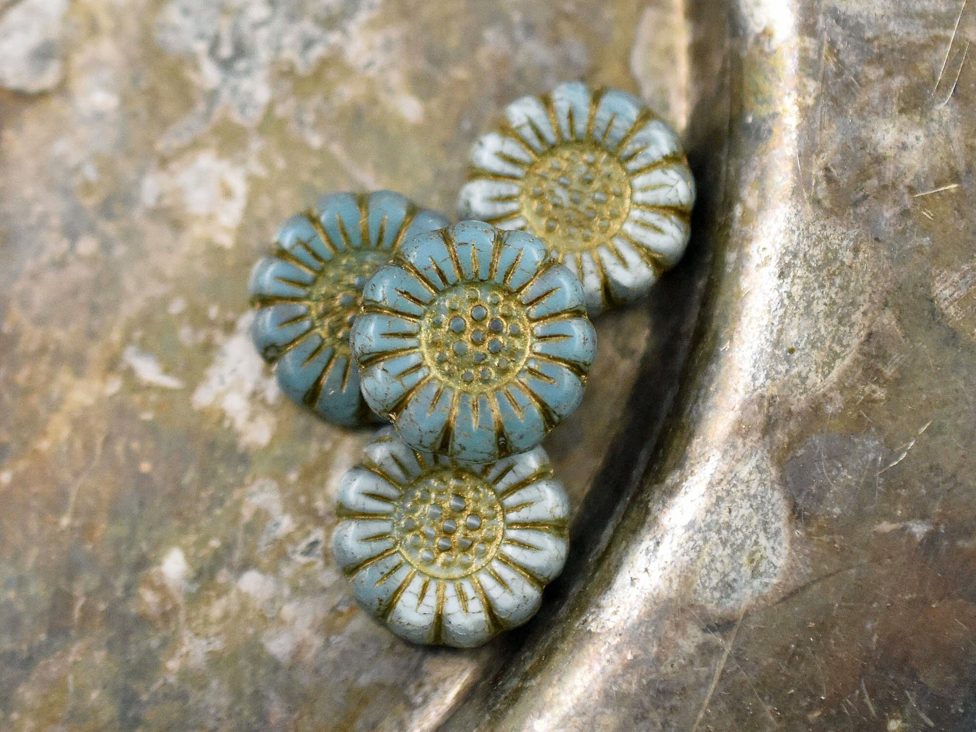 Flower Beads - Sunflower Beads - Czech Glass Beads - Picasso Beads - Coin Beads - 13mm - 12pcs (321)