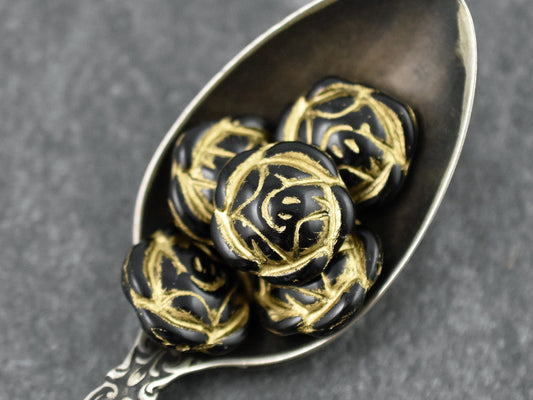 *6* 17mm Gold Washed Jet Black Rose Flower Coin Beads