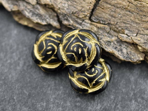 *6* 17mm Gold Washed Jet Black Rose Flower Coin Beads