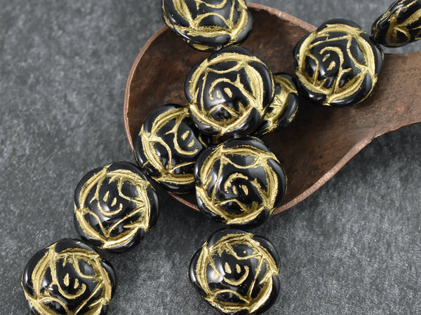 *6* 17mm Gold Washed Jet Black Rose Flower Coin Beads
