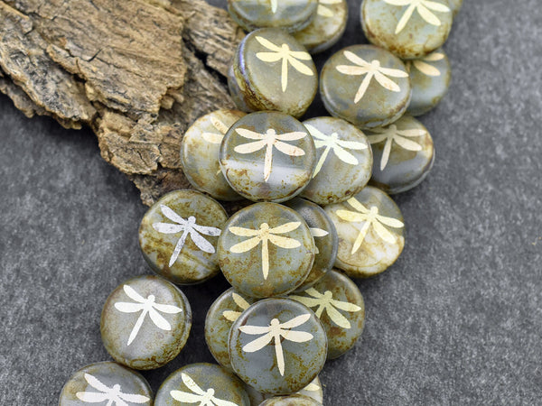 Picasso Beads - Czech Glass Beads - Laser Etched Beads - Dragonfly Beads - Tattoo Beads - 14mm - 8pcs - (5464)