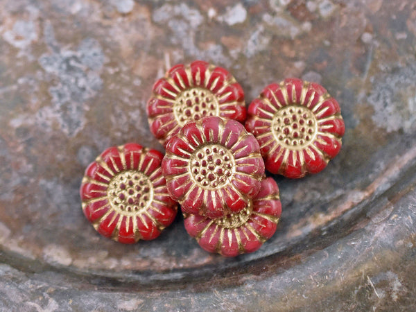 Flower Beads - Sunflower Beads - Czech Glass Beads - Picasso Beads - Coin Beads - 13mm - 12pcs (460)